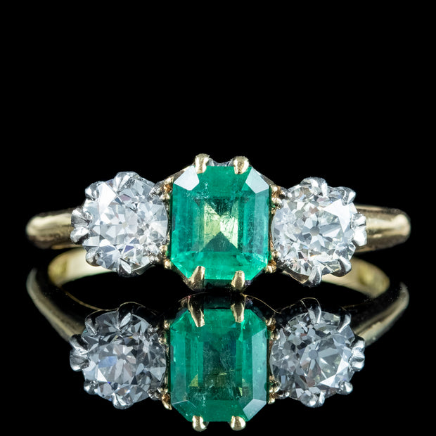 Antique Edwardian Emerald Diamond Trilogy Ring 0.75ct Emerald 