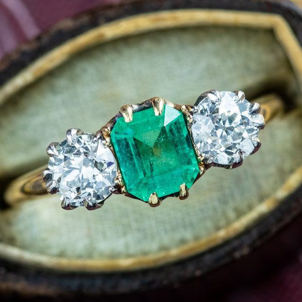 Antique Edwardian Emerald Diamond Trilogy Ring 0.75ct Emerald 