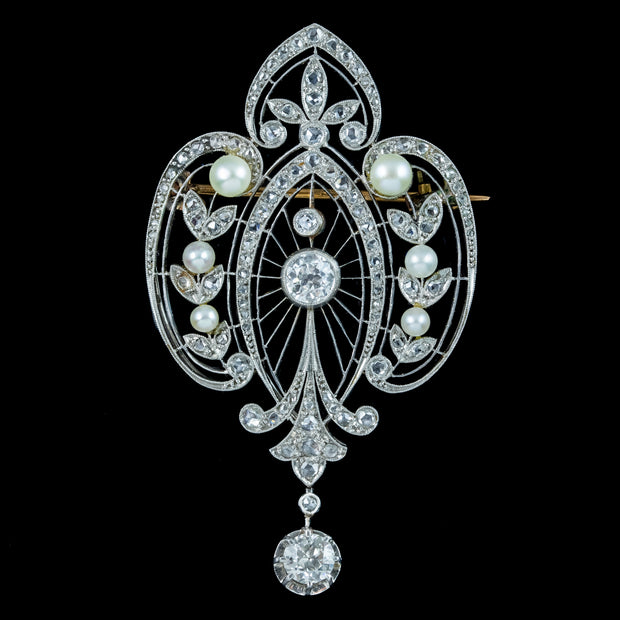 Antique Edwardian French Belle Epoque Diamond Pearl Brooch 