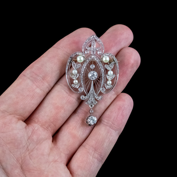 Antique Edwardian French Belle Epoque Diamond Pearl Brooch 