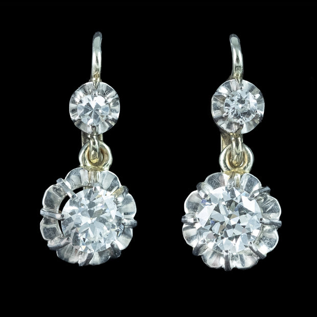 Antique Edwardian French Diamond Earrings 18ct Gold 1ct Total