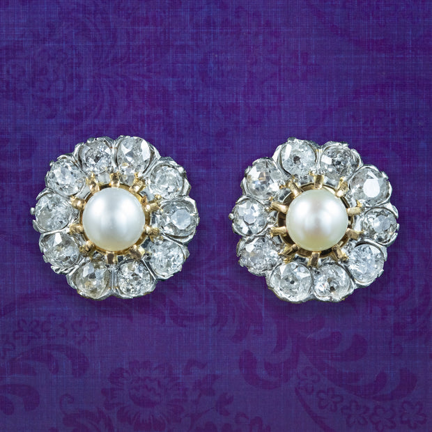 Antique Edwardian French Pearl Diamond Flower Stud Earrings 2ct Of Diamond