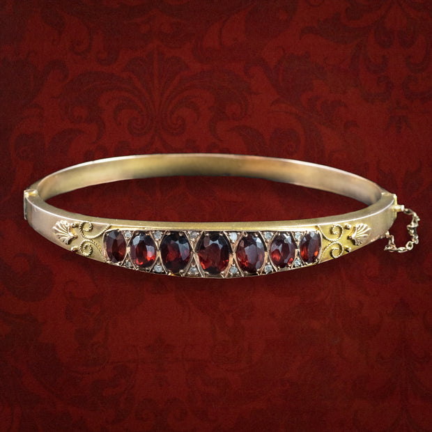 Antique Edwardian Garnet Diamond Bangle 9ct Gold Dated 1907