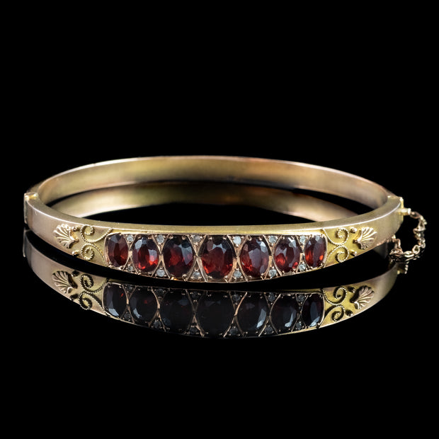 Antique Edwardian Garnet Diamond Bangle 9ct Gold Dated 1907
