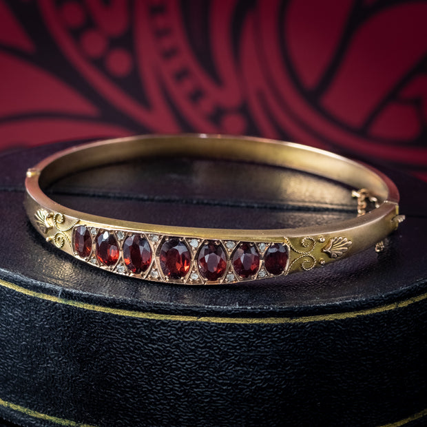 Antique Edwardian Garnet Diamond Bangle 9ct Gold Dated 1907