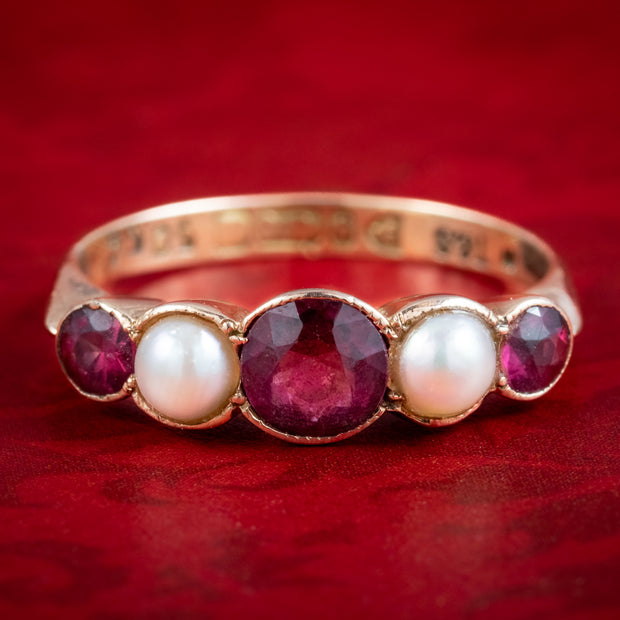 Antique Edwardian Garnet Pearl Five Stone Ring 
