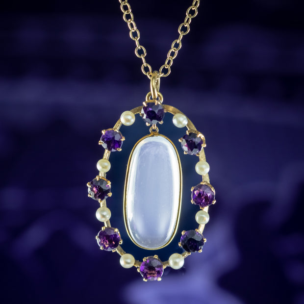 Antique Edwardian Moonstone Amethyst Pearl Pendant Necklace 15ct Gold