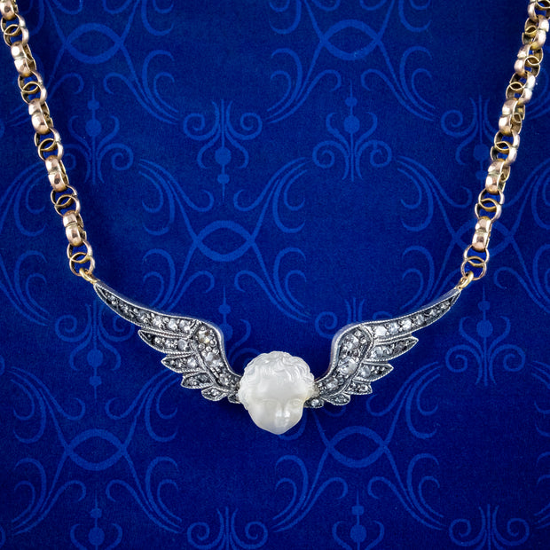 Antique Edwardian Moonstone Diamond Cherub Necklace 9ct Gold