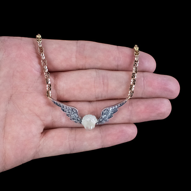 Antique Edwardian Moonstone Diamond Cherub Necklace 9ct Gold