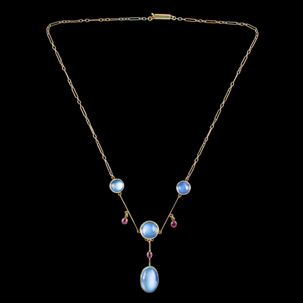 Antique Edwardian Moonstone Ruby Lavaliere Necklace 15ct Gold