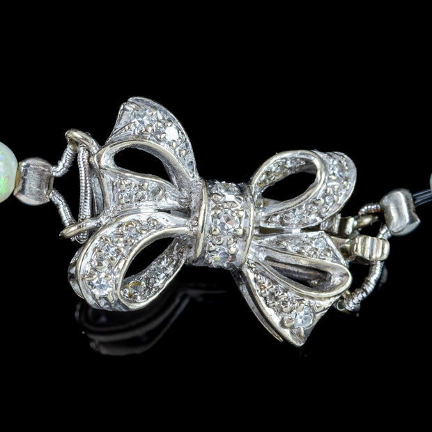 Antique Edwardian Opal Crystal Bead Necklace With Diamond Bow Clasp