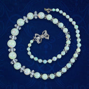 Antique Edwardian Opal Crystal Bead Necklace With Diamond Bow Clasp