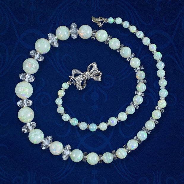 Antique Edwardian Opal Crystal Bead Necklace With Diamond Bow Clasp