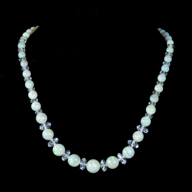 Antique Edwardian Opal Crystal Bead Necklace With Diamond Bow Clasp