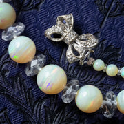 Antique Edwardian Opal Crystal Bead Necklace With Diamond Bow Clasp