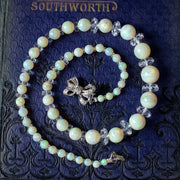 Antique Edwardian Opal Crystal Bead Necklace With Diamond Bow Clasp