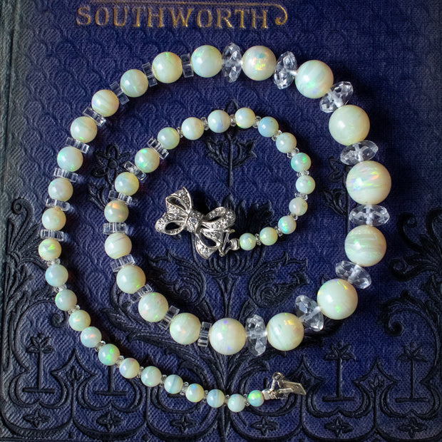 Antique Edwardian Opal Crystal Bead Necklace With Diamond Bow Clasp
