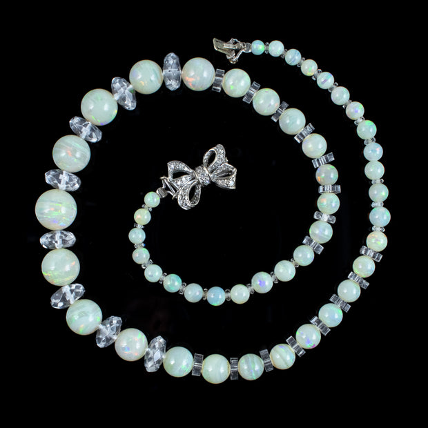 Antique Edwardian Opal Crystal Bead Necklace With Diamond Bow Clasp