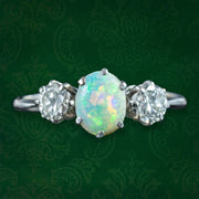 Antique Edwardian Opal Diamond Trilogy Ring 0.60ct Opal