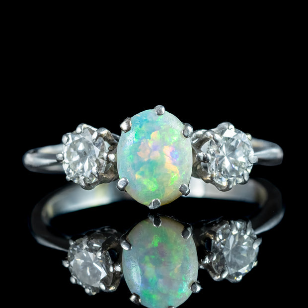 Antique Edwardian Opal Diamond Trilogy Ring 0.60ct Opal