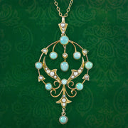 Antique Edwardian Opal Pearl Pendant Necklace 9ct Gold  