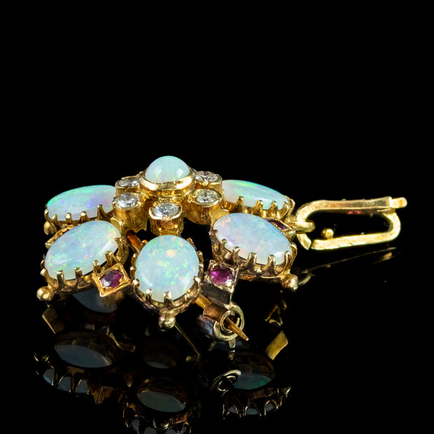 Antique Edwardian Opal Ruby Diamond Pendant Brooch 18ct Gold
