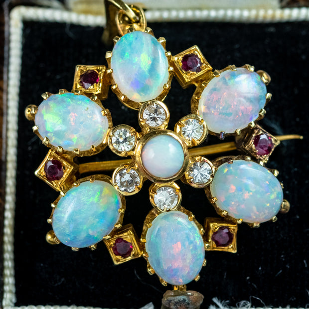 Antique Edwardian Opal Ruby Diamond Pendant Brooch 18ct Gold