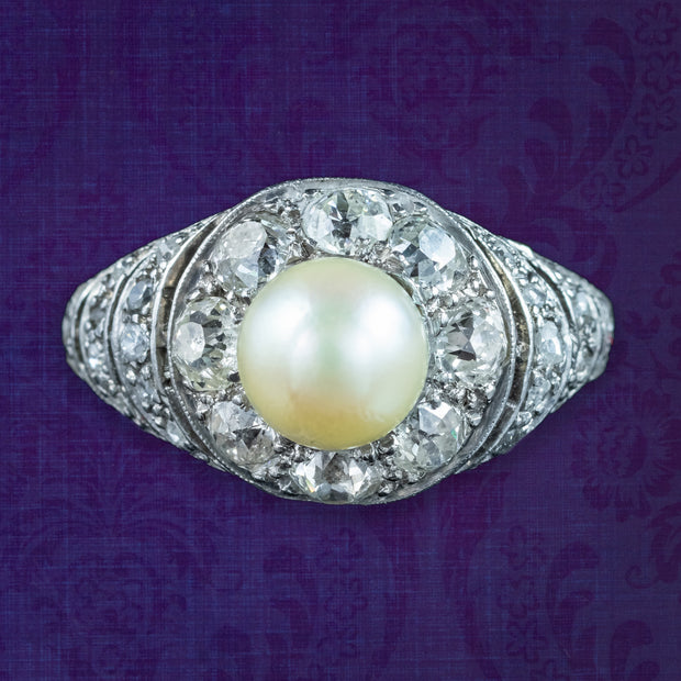 Antique Edwardian Pearl Diamond Cluster Ring 1.1ct Diamond