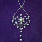 Antique Edwardian Pearl Diamond Flower Necklace With Box 