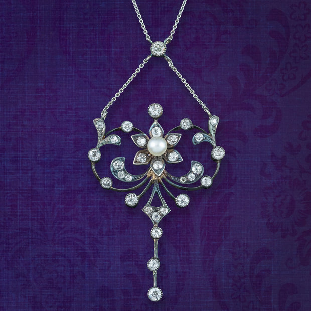 Antique Edwardian Pearl Diamond Flower Necklace With Box 