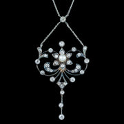 Antique Edwardian Pearl Diamond Flower Necklace With Box 
