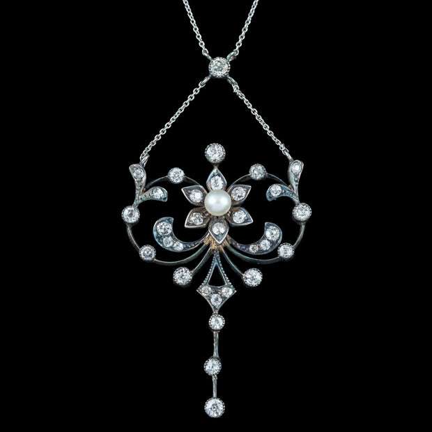 Antique Edwardian Pearl Diamond Flower Necklace With Box 
