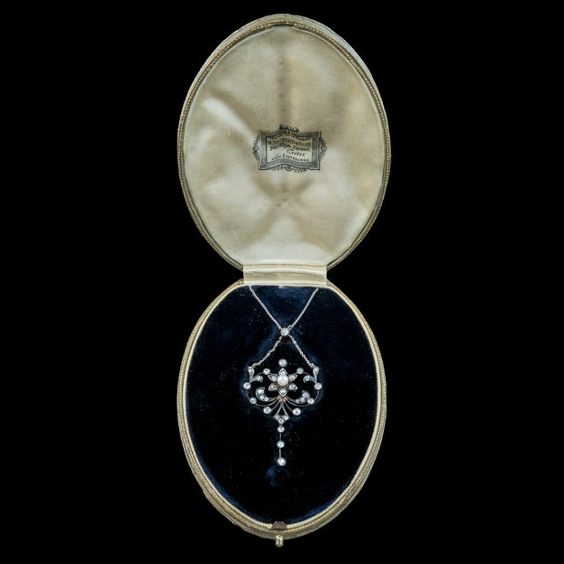 Antique Edwardian Pearl Diamond Flower Necklace With Box 