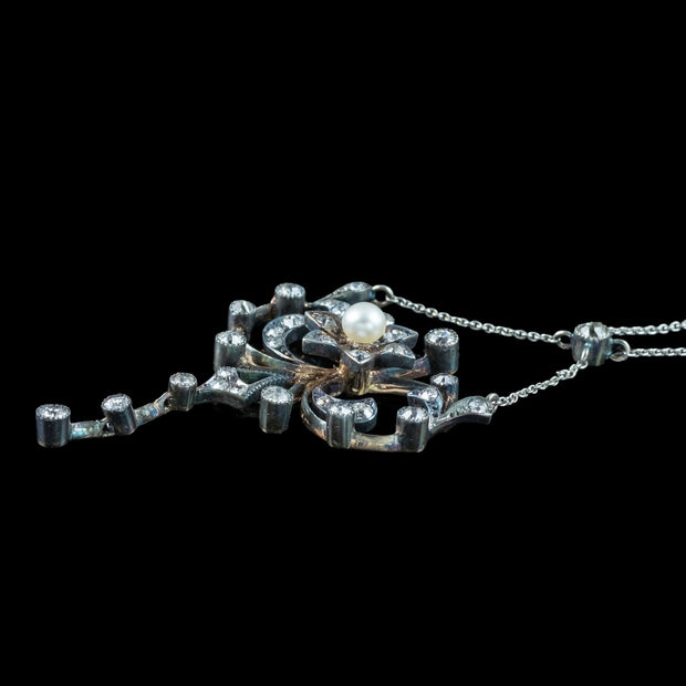 Antique Edwardian Pearl Diamond Flower Necklace With Box 