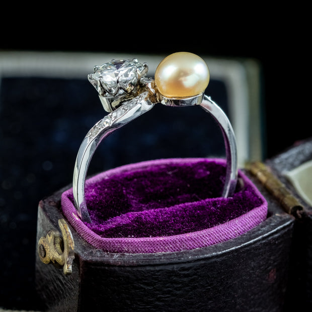 Antique Edwardian Pearl Diamond Toi Et Moi Twist Ring 