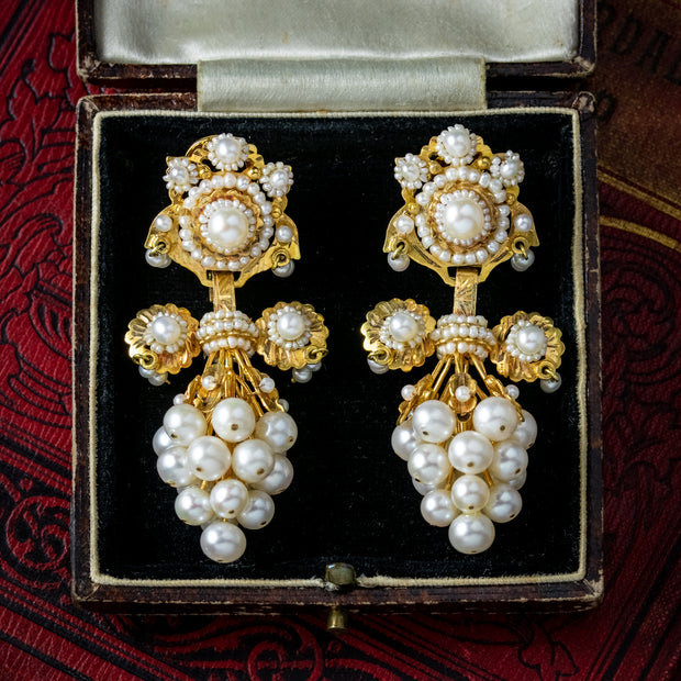 Antique Edwardian Pearl Grape Drop Earrings 18ct Gold