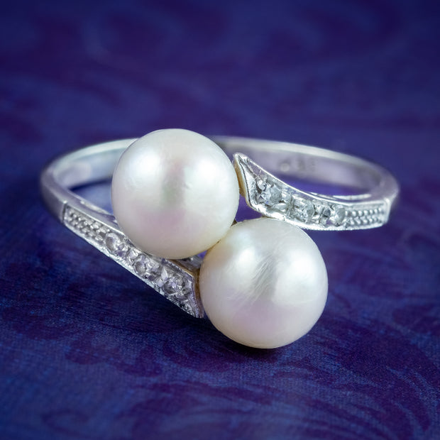 Antique Edwardian Pearl Toi Et Moi Diamond Twist Ring 