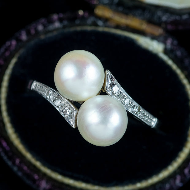 Antique Edwardian Pearl Toi Et Moi Diamond Twist Ring 