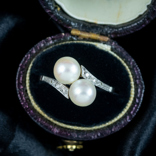 Antique Edwardian Pearl Toi Et Moi Diamond Twist Ring 