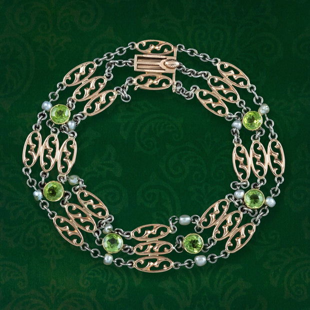 Antique Edwardian Peridot Pearl Bracelet 