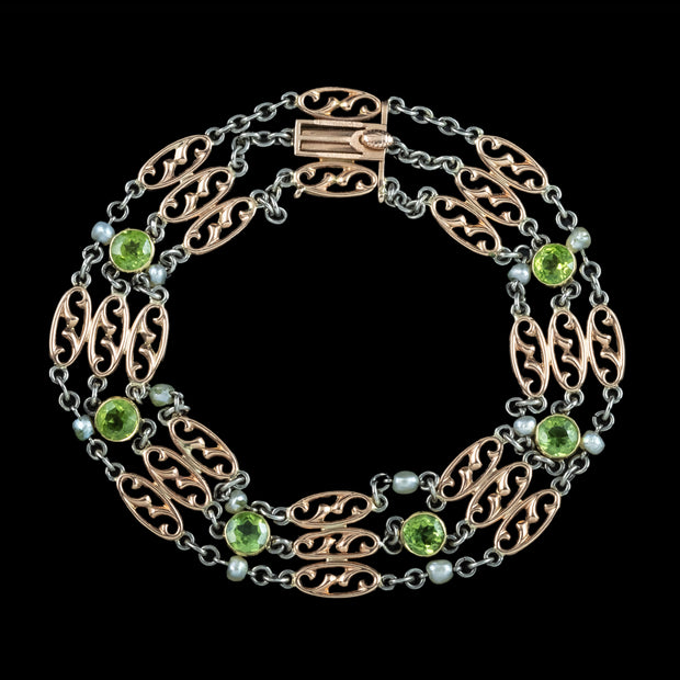 Antique Edwardian Peridot Pearl Bracelet 