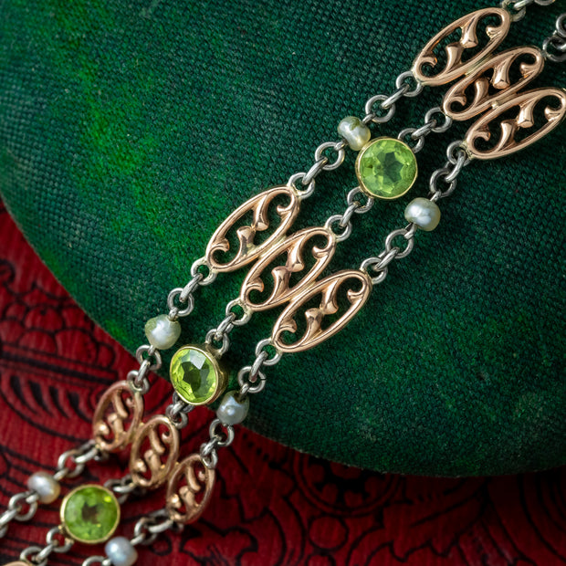 Antique Edwardian Peridot Pearl Bracelet 