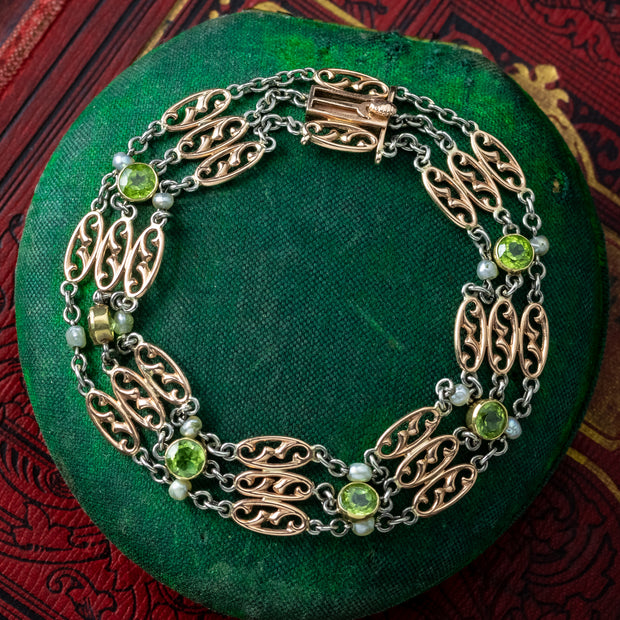 Antique Edwardian Peridot Pearl Bracelet 