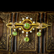 Antique Edwardian Peridot Pearl Brooch 15ct Gold