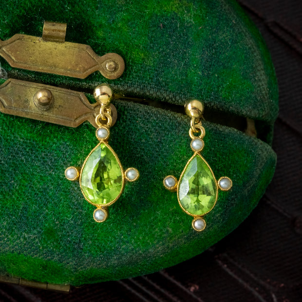 Antique Edwardian Peridot Pearl Drop Earrings 9ct Gold