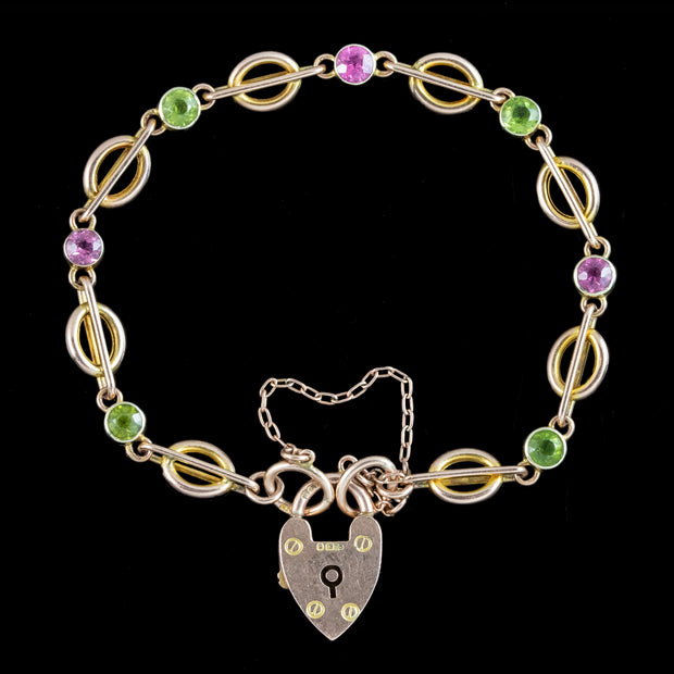 Antique Edwardian Peridot Tourmaline Bracelet With Heart Padlock 