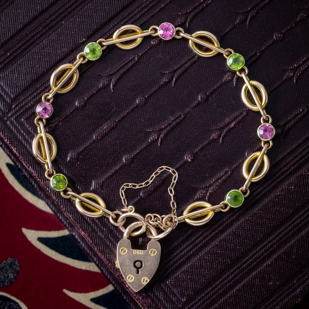 Antique Edwardian Peridot Tourmaline Bracelet With Heart Padlock 