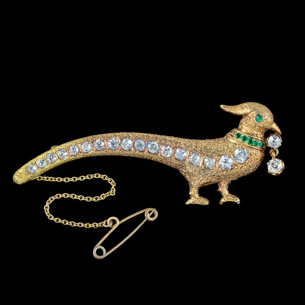 Antique Edwardian Pheasant Brooch Diamond Emerald 18ct Gold 