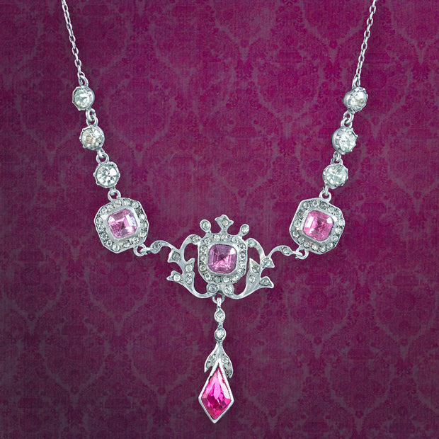 Antique Edwardian Pink Paste Lavaliere Necklace Silver