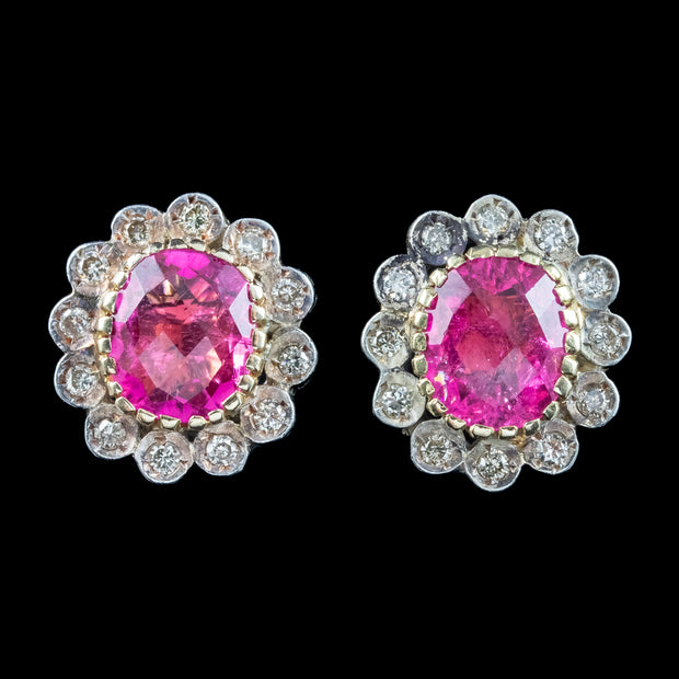 Antique Edwardian Pink Tourmaline Diamond Flower Stud Earrings 1.8ct  Tourmalines